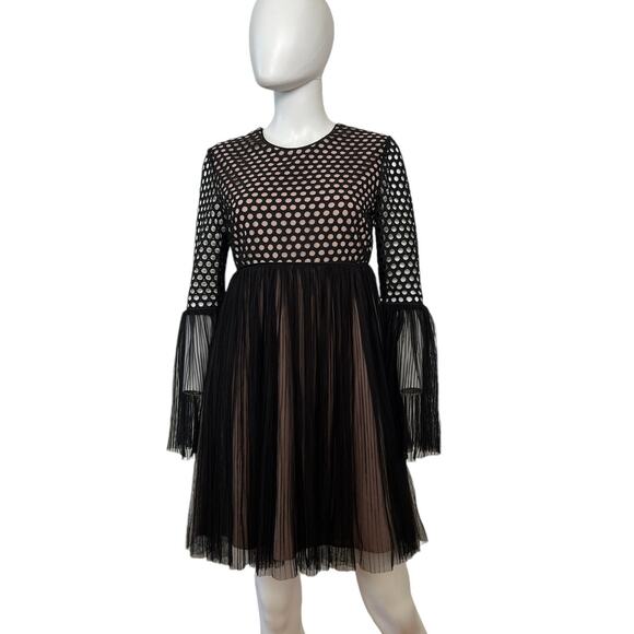 Nha Khanh Black Bell Sleeve Pleated Tulle Skirt A Line Dress Sz 4 - Picture 1 of 4